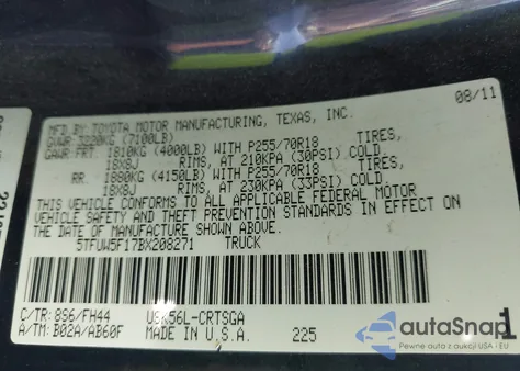 2011 Toyota Tundra Grade 5.7L V8 from USA, damaged, VIN 5TFUW5F17BX208271